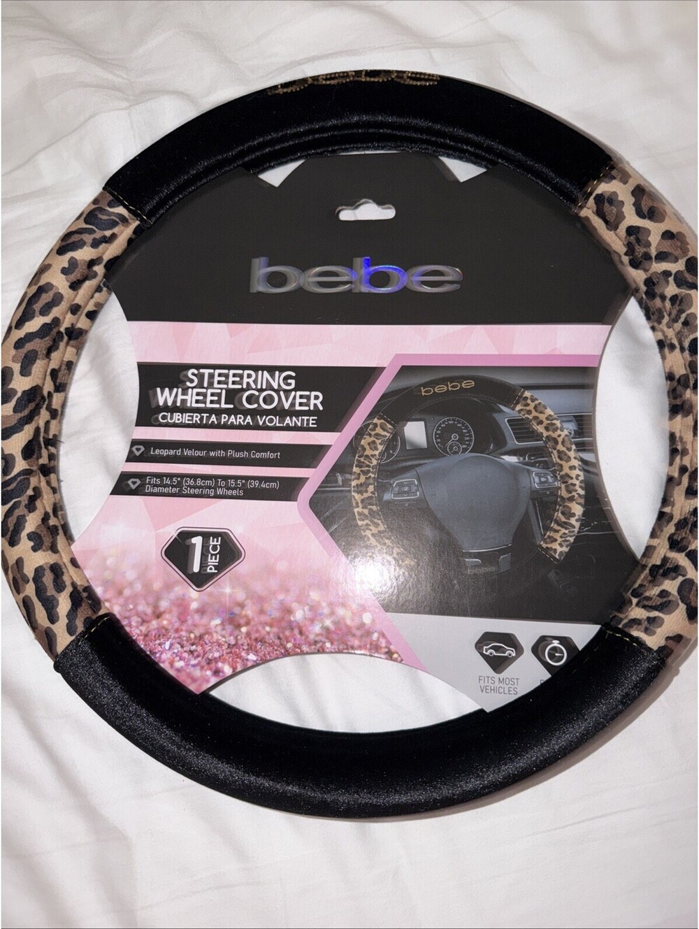 Bebe Leopard Steering Wheel Cover - With Bebe Written In Rhinestones